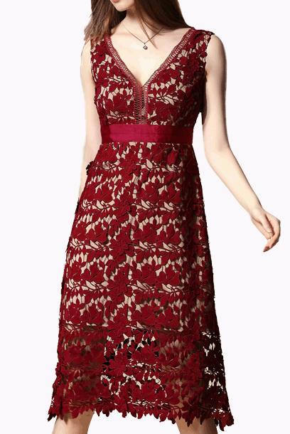 Off-the-Shoulder Guipure Lace Cocktail Red Midi Dress