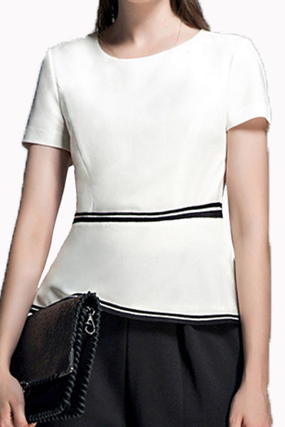 Short Sleeves White Top with Grosgrain Waist
