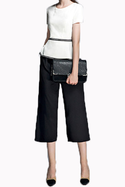 Short Sleeves White Top with Grosgrain Waist