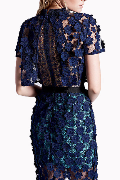 Short Sleeves 3D Floral Lace Overlay Maxi Dress