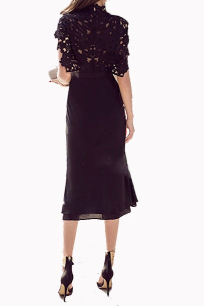 Guipure Lace & Crepe Midi Cocktail Dress