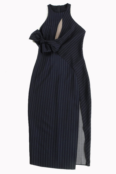 Halter Neck Pinstripes Pencil Dress