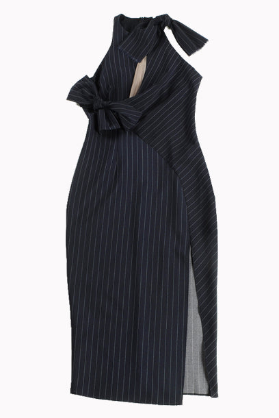 Halter Neck Pinstripes Pencil Dress