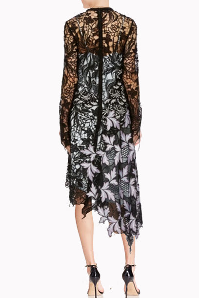 Long Sleeves Asymmetrical Lace Midi Dress