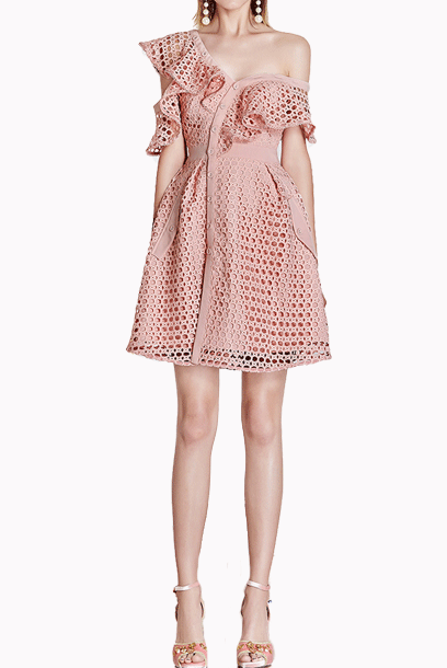 off the shoulder guipure lace mini dress One-Shoulder Guipure Lace Pink Mini Dress – Frockalicious