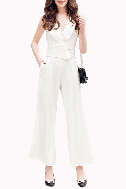 V neckline Bow Black Playsuit Jumpsuit