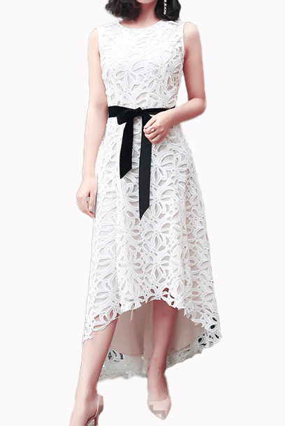Asymmetrical White Laser Cut Lace Midi Dress