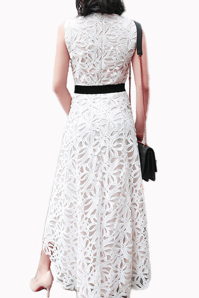 Asymmetrical White Laser Cut Lace Midi Dress