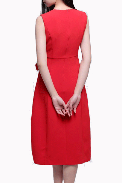 Sleeveless Red Crepe Office Dress with Details