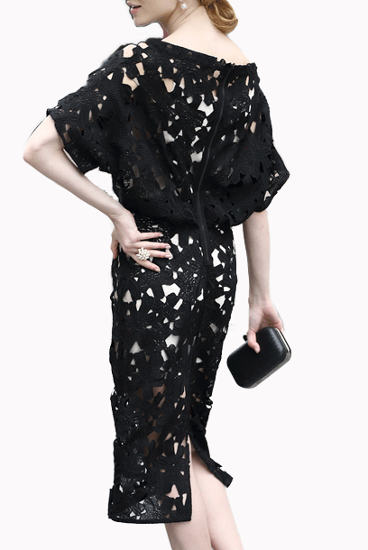 Raglan Sleeves Black Guipure Lace Black Pencil Dress