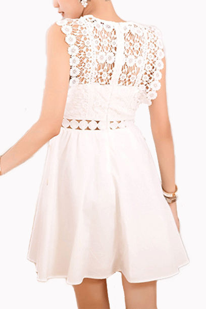 Sleeveless White Guipure Lace Poplin Mini Dress