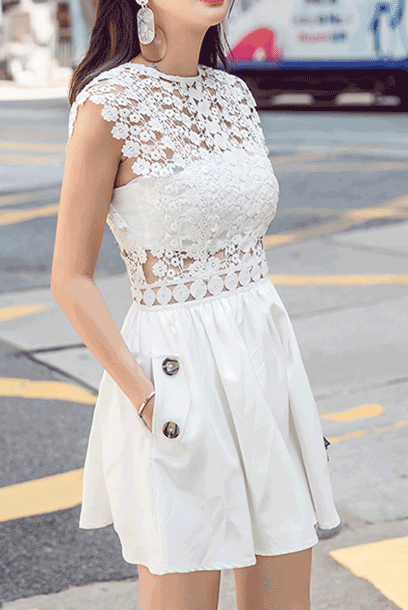 Sleeveless White Guipure Lace Poplin Mini Dress