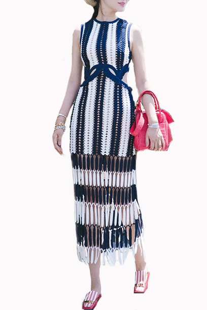 Striped Crochet Cutout Midi Dress