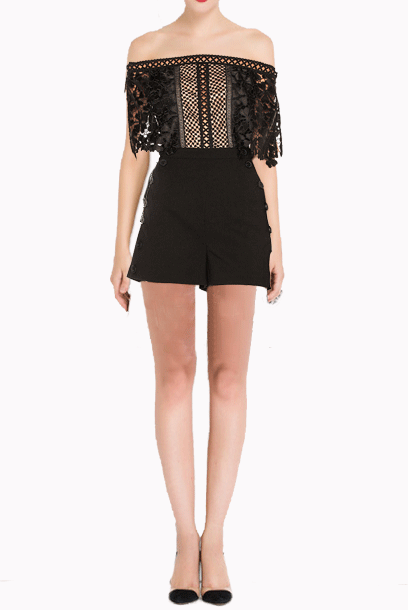 Off-Shoulder Lace Crepe Playsuit Jumpsuit Romper