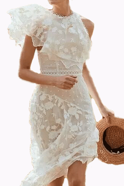 Asymmetrical Floral Draped White Cocktail Dress