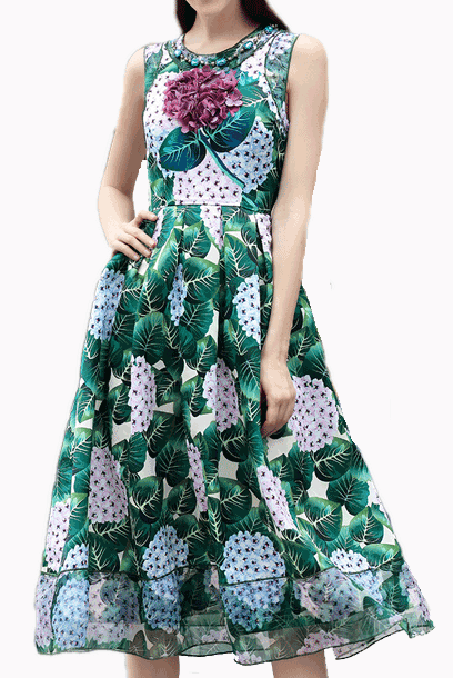 Embellished Hydrangea Print Midi Dress