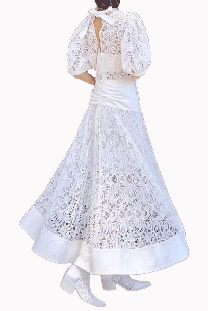 Balloon Sleeves Floral Lace Maxi Dress