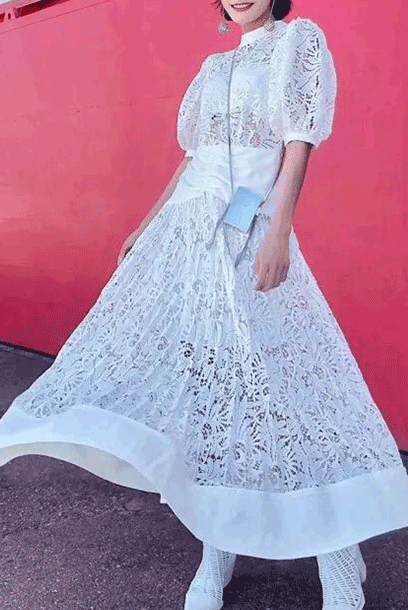 Balloon Sleeves Floral Lace Maxi Dress