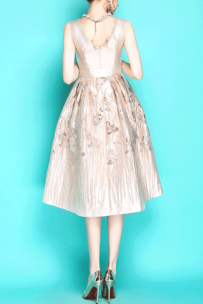 Sleeveless Gold Jacquard Fit & Flare Dress