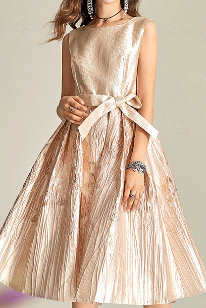 Sleeveless Gold Jacquard Fit & Flare Dress