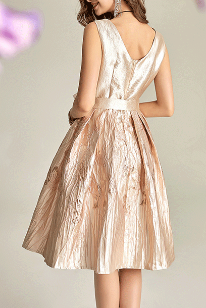 Sleeveless Gold Jacquard Fit & Flare Dress