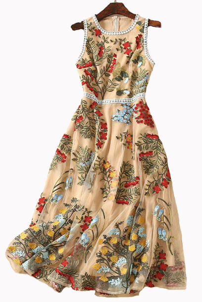 Sleeveless Embroidered Floral Midi Dress