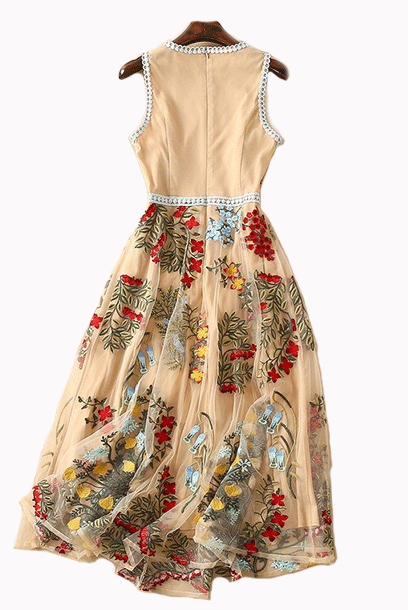 Sleeveless Embroidered Floral Midi Dress