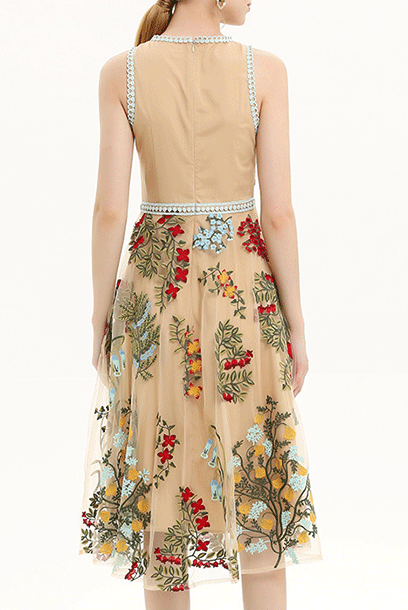 Sleeveless Embroidered Floral Midi Dress