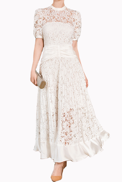 Balloon Sleeves Floral Lace Maxi Dress