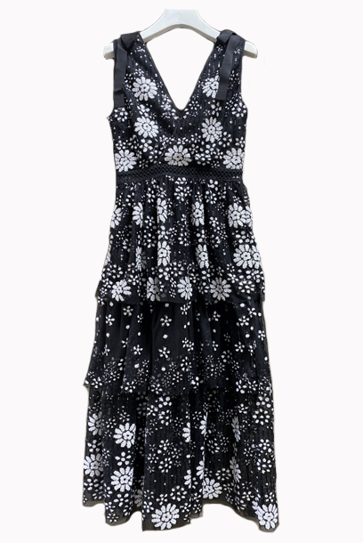 Sleeveless Floral Embellished Sequin Midi Tiered Dress