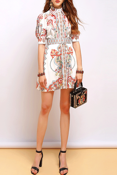 Short Sleeves Embellished Printed Motif Mini Dress