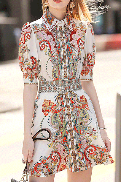 Short Sleeves Embellished Printed Motif Mini Dress