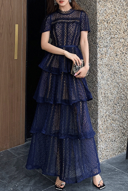 Short Sleeves Guipure Lace Tiered Maxi Dress
