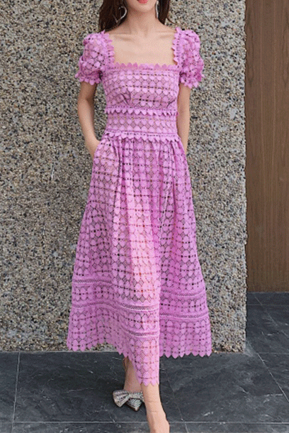 Puffed Sleeves Lilac Heart Guipure Midi Dress