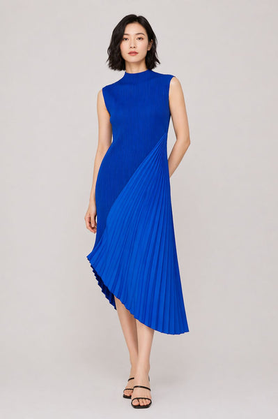 Asymmetrical Plissé Pleats Midi Dress