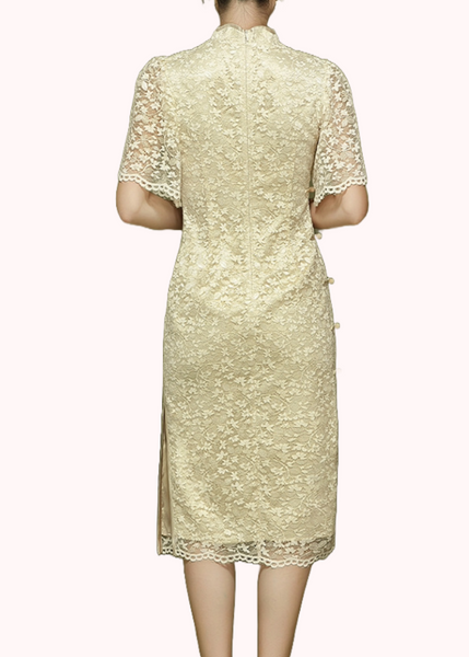 Bell Sleeves Champagne Lace Cheongsam