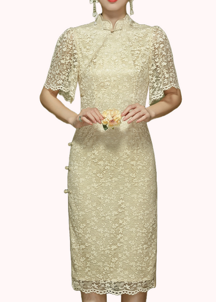 Bell Sleeves Champagne Lace Cheongsam