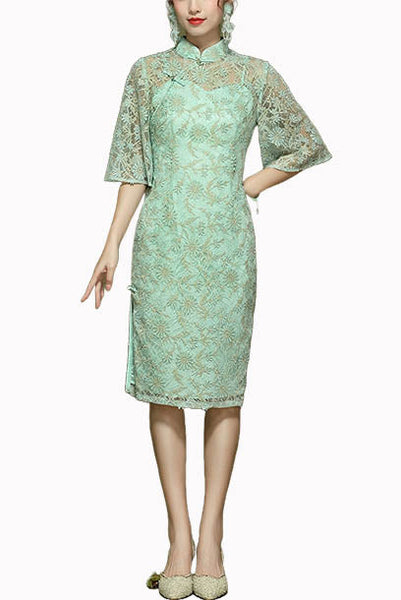 Bell Sleeves Lace Pencil Cheongsam Qipao