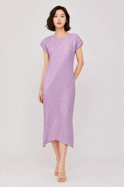 Cap Sleeves Asymmetrical Plissé Pleats Maxi Dress