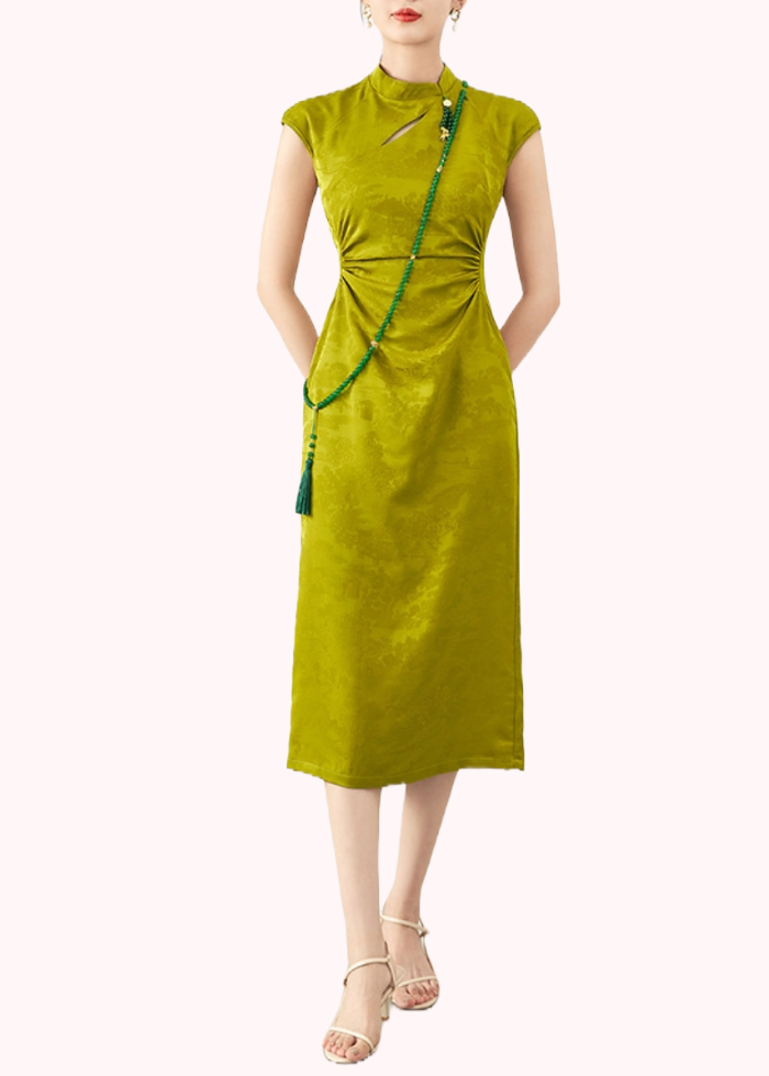 Cap Sleeves Green Midi Cheongsam