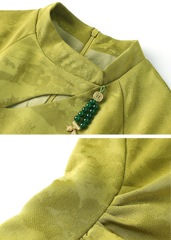 Cap Sleeves Green Midi Cheongsam