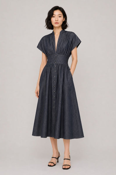 Denim Raglan Sleeves Flare Dress