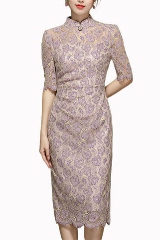 Elbow Sleeves Lace Pencil Cheongsam Qipao