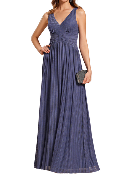 Sleeveless Deep V Neck Pleated Evening Gown