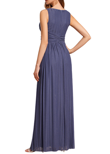 Sleeveless Deep V Neck Pleated Evening Gown
