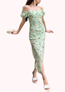 Puffed Sleeves Floral Iris Midi Dress