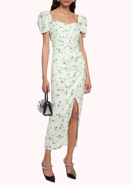 Puffed Sleeves Floral Iris Midi Dress