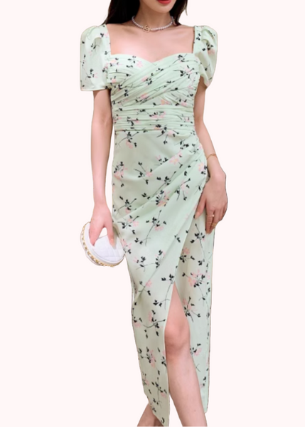 Puffed Sleeves Floral Iris Midi Dress