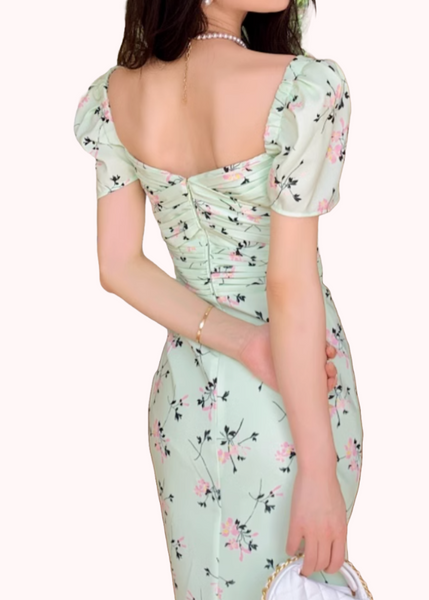 Puffed Sleeves Floral Iris Midi Dress