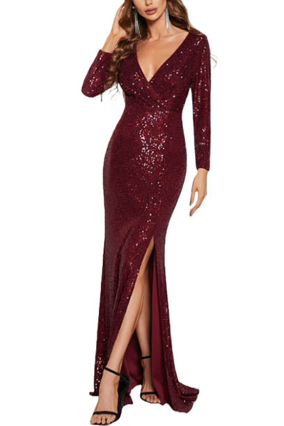 Long Sleeves V Neck Sequin Evening Gown